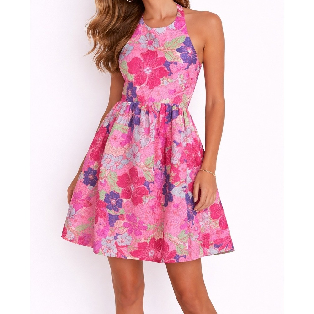 Free People Pink Floral Halter Mini Dress Fit Flare Garden Party Size M NWT